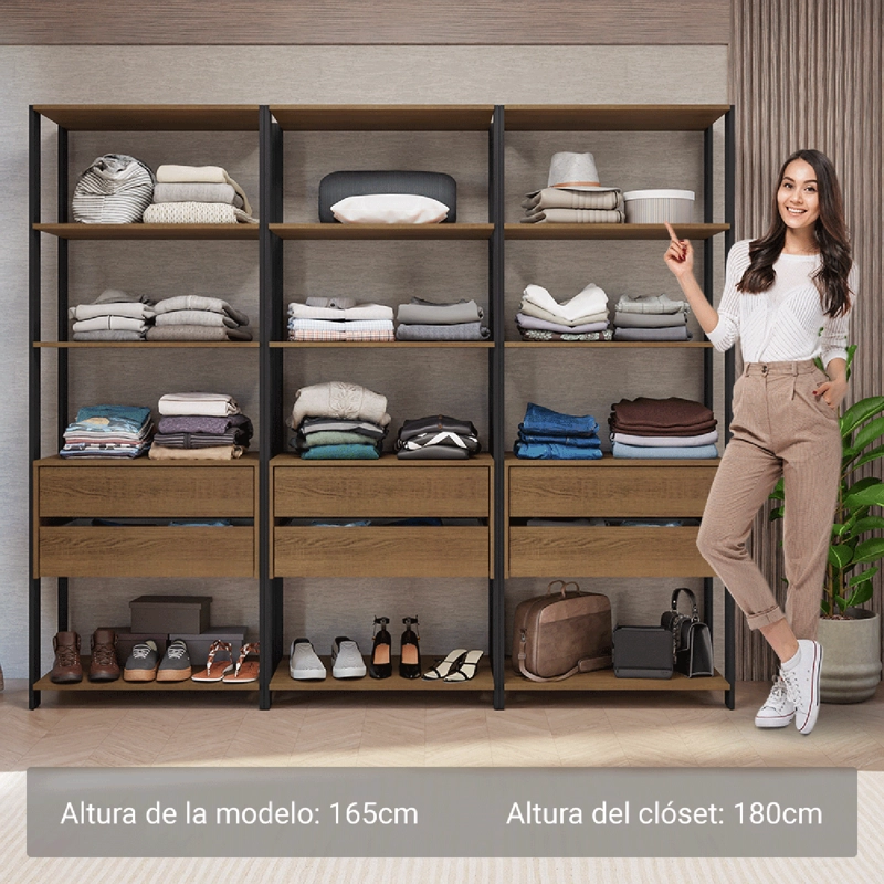 CLOSET ABIERTO MADESA VALENCIA 210 CM 6 CAJONES MARRON/NEGRO - 4