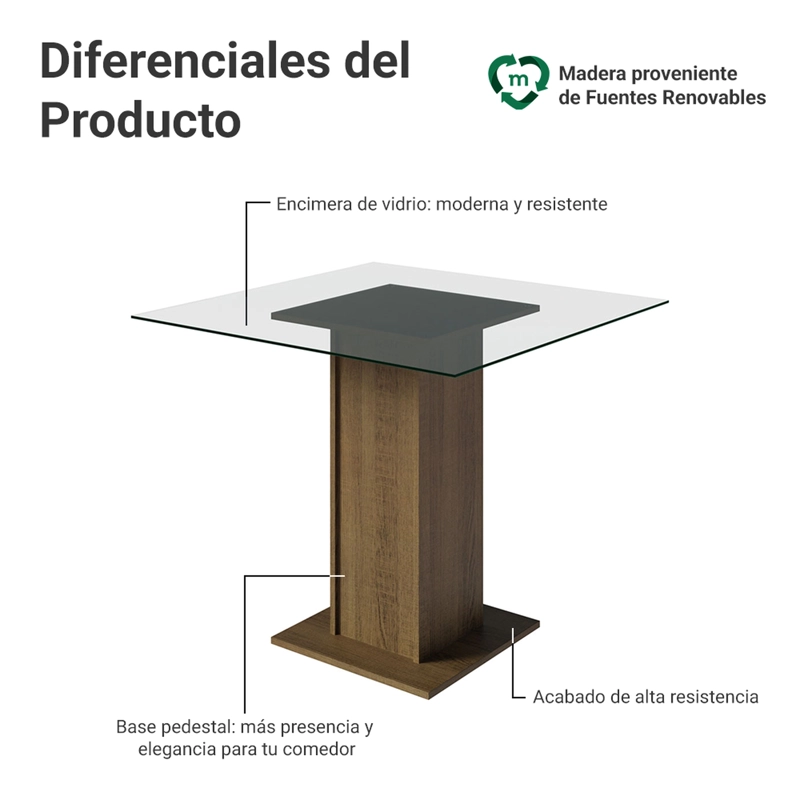 MESA DE COMEDOR MADESA 5332A CUBIERTA DE VIDRIO CUADRADA MARRON - 3