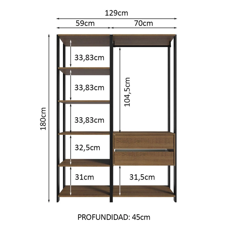 CLOSET ABIERTO MADESA VALENCIA 129 CM 2 CAJONES MARRON/NEGRO - 3