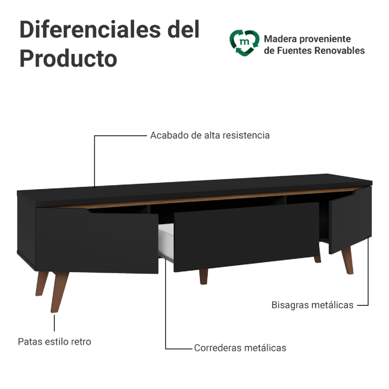 RACK PARA TV HASTA 75 PULGADAS MADESA REIMS 180 CM 2 PUERTAS NEGRO - 4