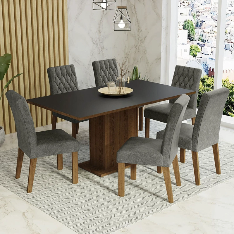 JUEGO DE COMEDOR MADESA HANNA CON 6 SILLAS MARRON/NEGRO/SILVER - 1