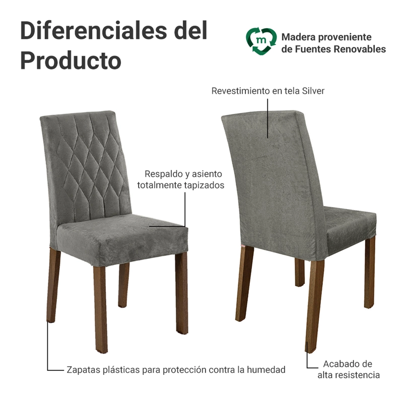 JUEGO DE COMEDOR MADESA HANNA CON 6 SILLAS MARRON/NEGRO/SILVER - 4