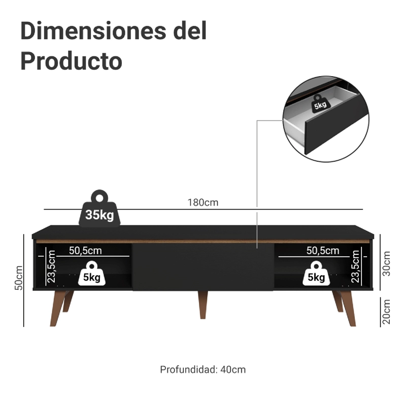RACK PARA TV HASTA 80 PULGADAS MADESA REIMS 180 CM 2 PUERTAS NEGRO - 3