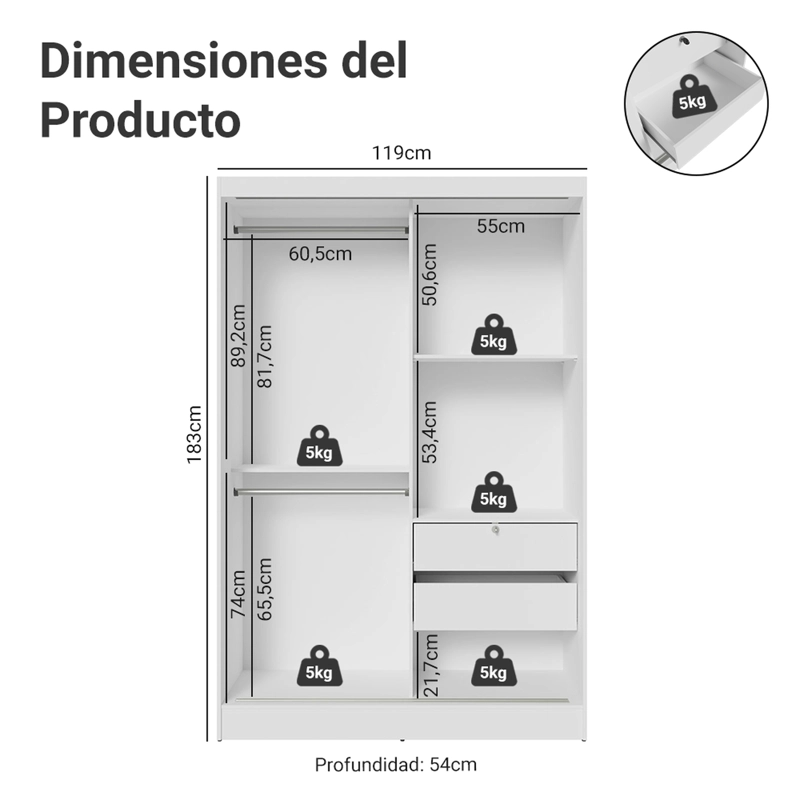CLOSET MADESA MAX 2 PUERTAS CORREDERAS BLANCO - 3