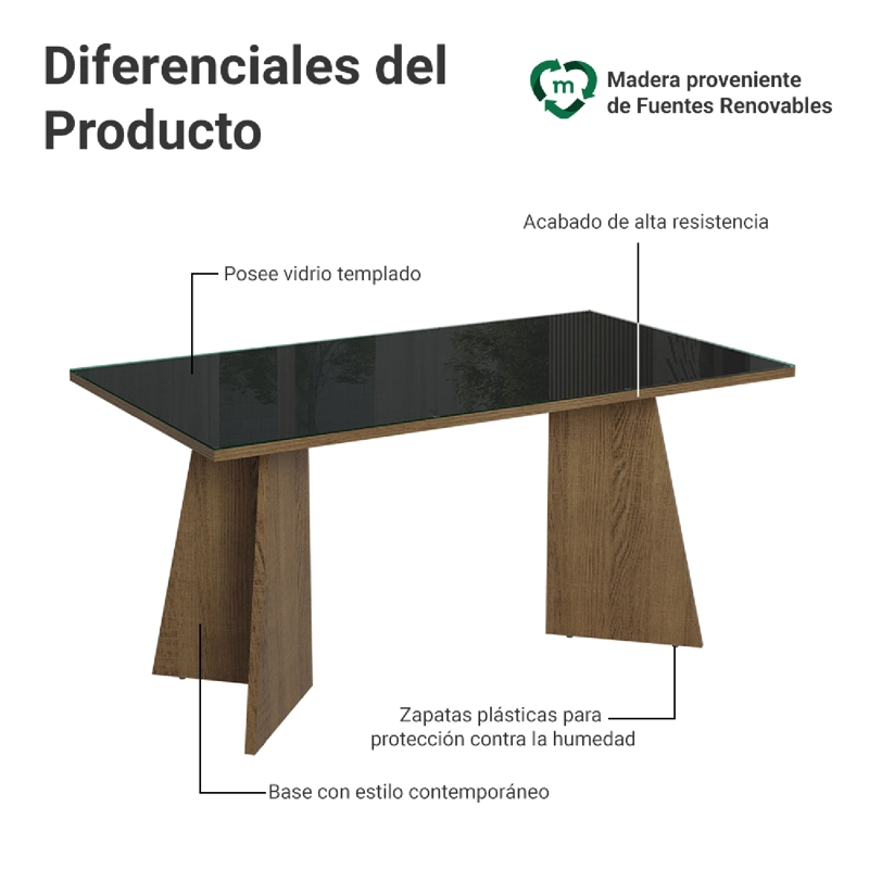 MESA DE COMEDOR MADESA 5389 CON VIDRIO RECTANGULAR MARRON/NEGRO - 3