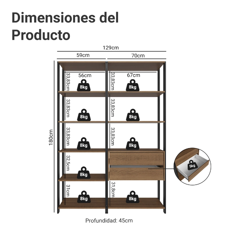 ESTANTE LIBRERO MADESA 129 CM 9 REPISAS 2 CAJONES MARRON/NEGRO - 3
