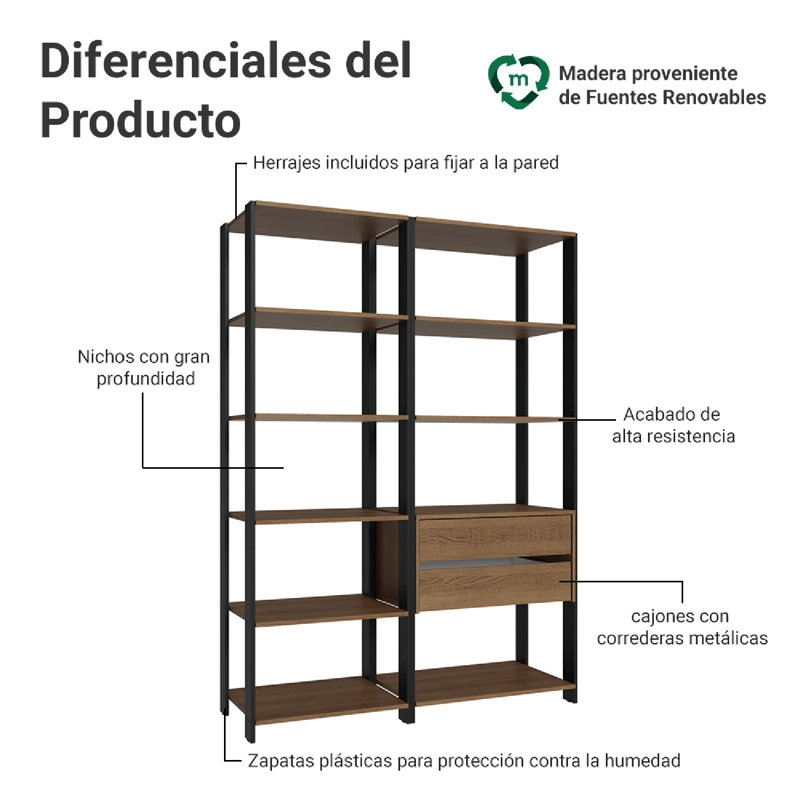 ESTANTE LIBRERO MADESA 129 CM 9 REPISAS 2 CAJONES MARRON/NEGRO - 4