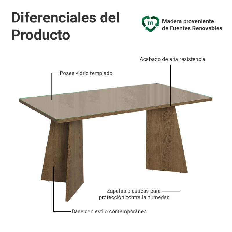 MESA DE COMEDOR MADESA 5389 CON VIDRIO RECTANGULAR MARRON/CREMA - 3