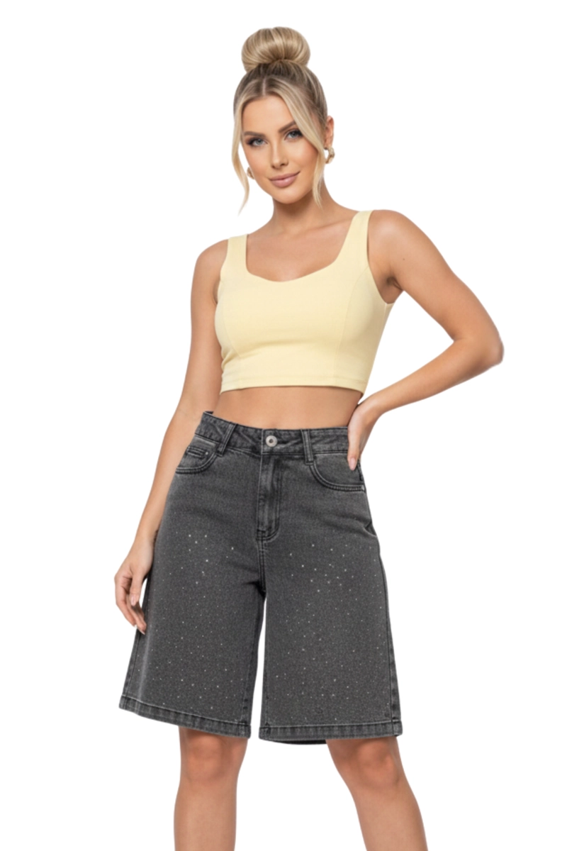 SHORT JEANS WIDE LEG CON BRILLOS MUJER TIRO ALTO CRYSTAL - 1