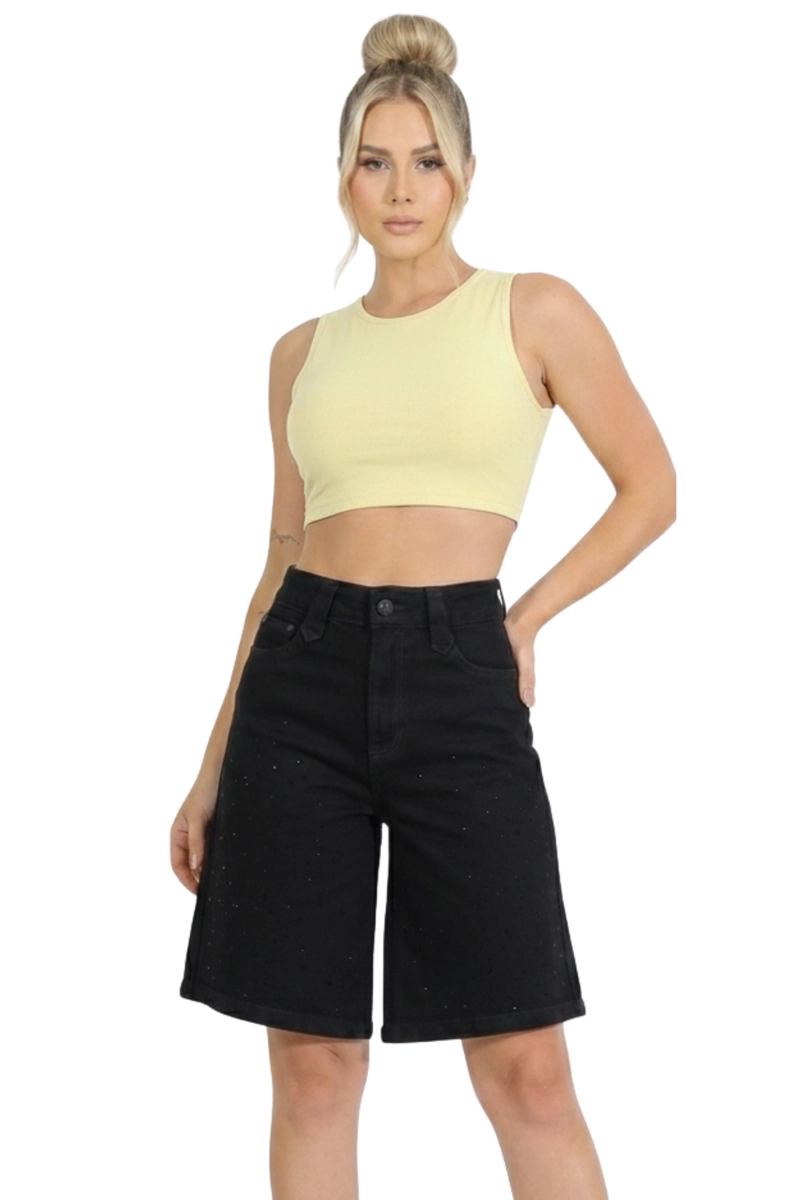 SHORT JEANS WIDE LEG CON BRILLOS MUJER TIRO ALTO CRYSTAL - 1