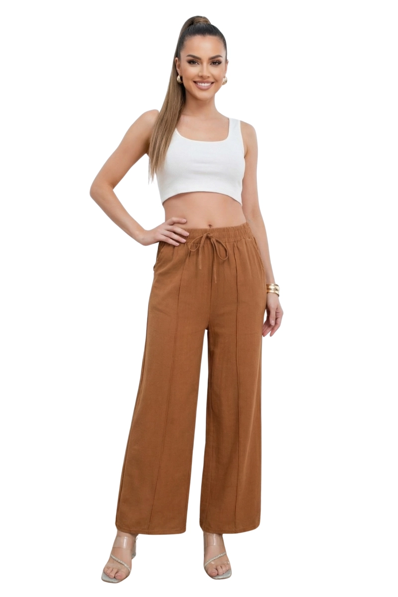 PANTALON LINO MUJER WIDE LEG PALAZO TIRO ALTO - 1