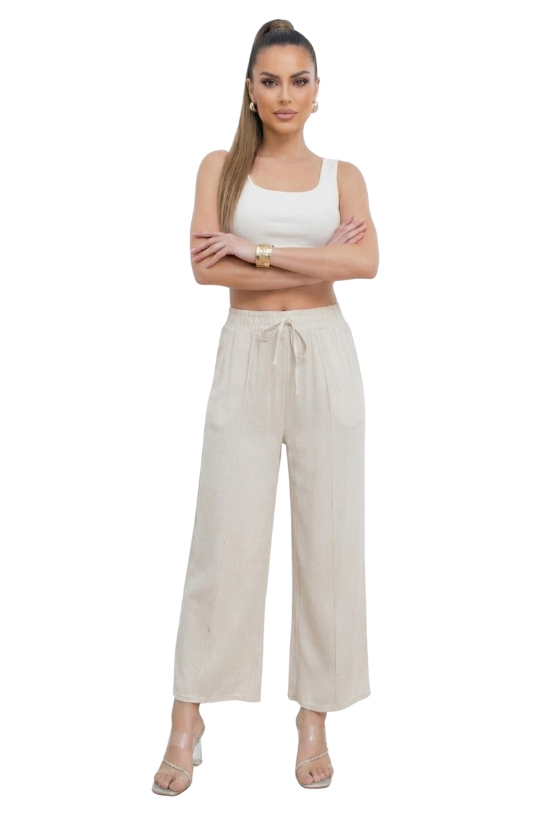 PANTALON LINO MUJER WIDE LEG PALAZO TIRO ALTO - 1