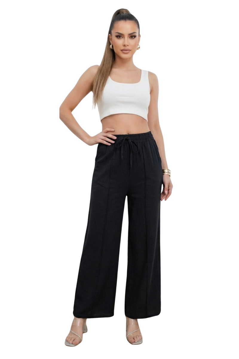 PANTALON LINO MUJER WIDE LEG PALAZO TIRO ALTO - 1