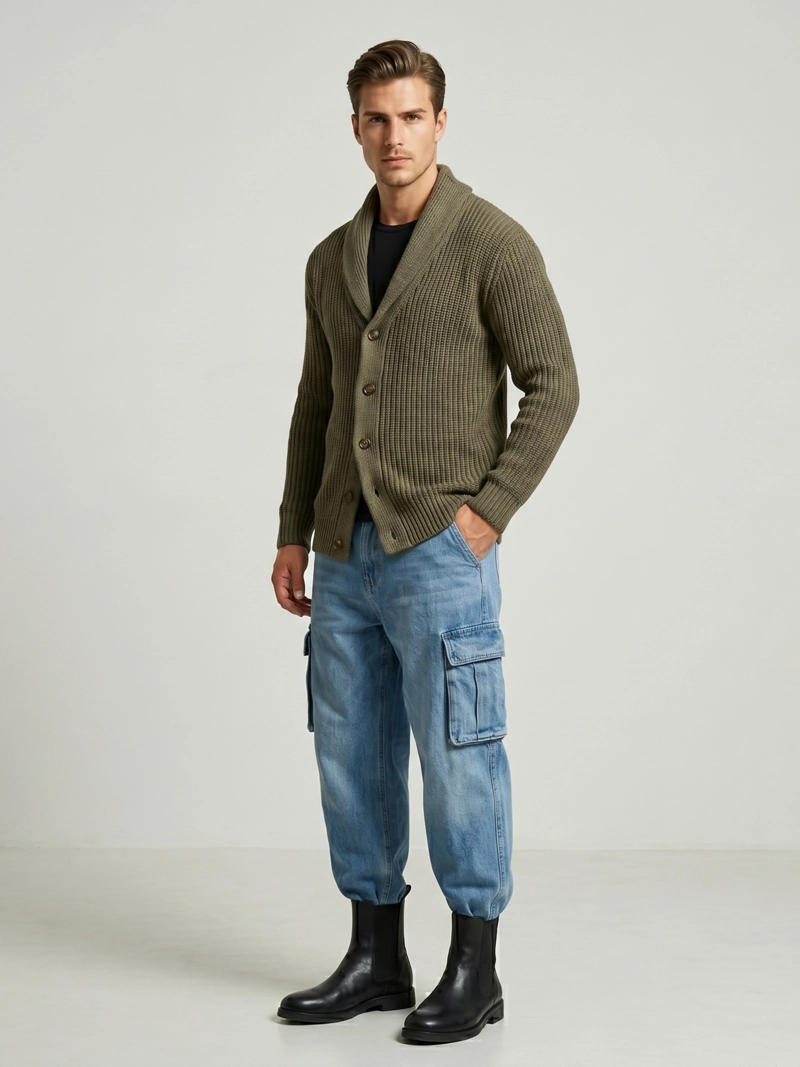 CARDIGAN HOMBRE TEJIDO PREMIUM CUELLO SMOKING CON BOTONES - 2