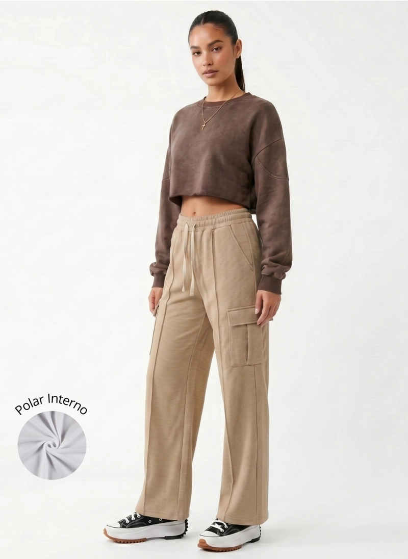PANTALON BUZO CARGO MUJER WIDE LEG TIRO ALTO CON CORDON - 2