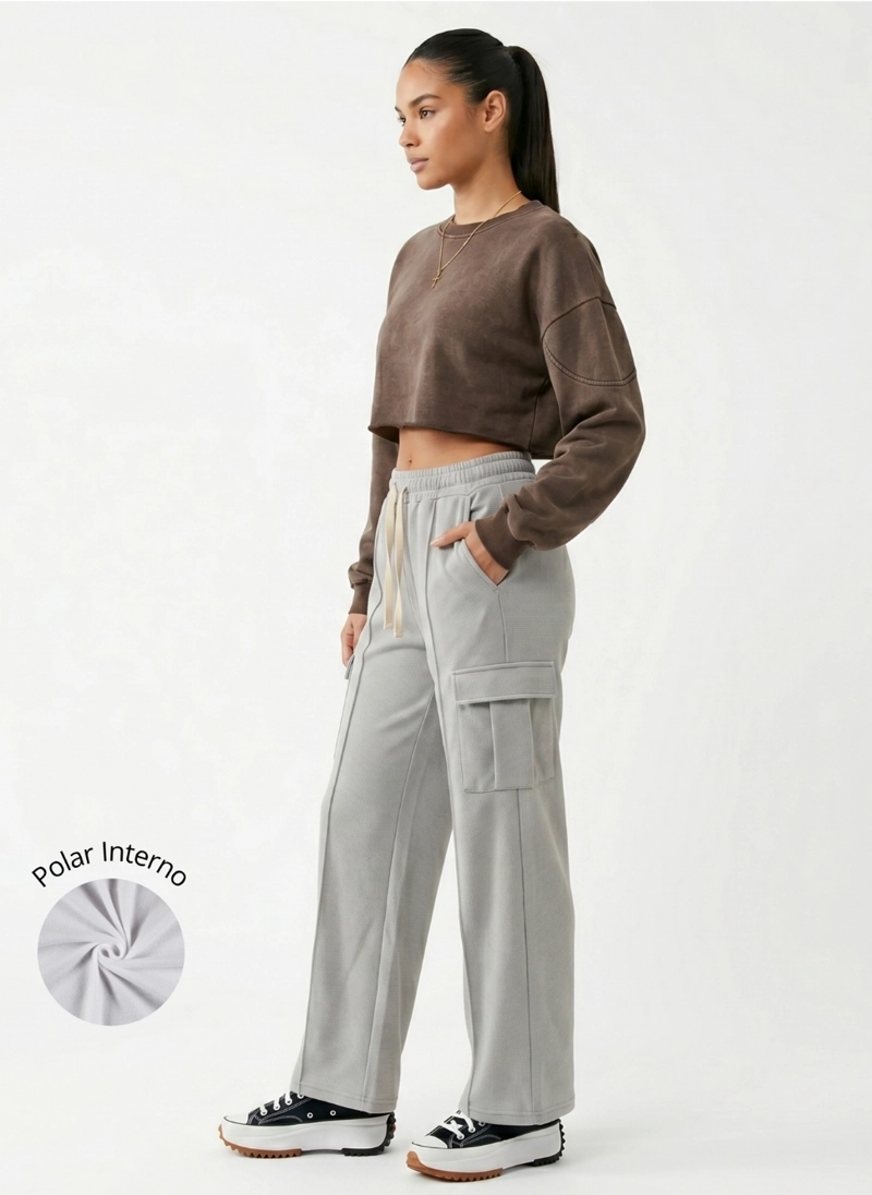 PANTALON BUZO CARGO MUJER WIDE LEG TIRO ALTO CON CORDON - 2