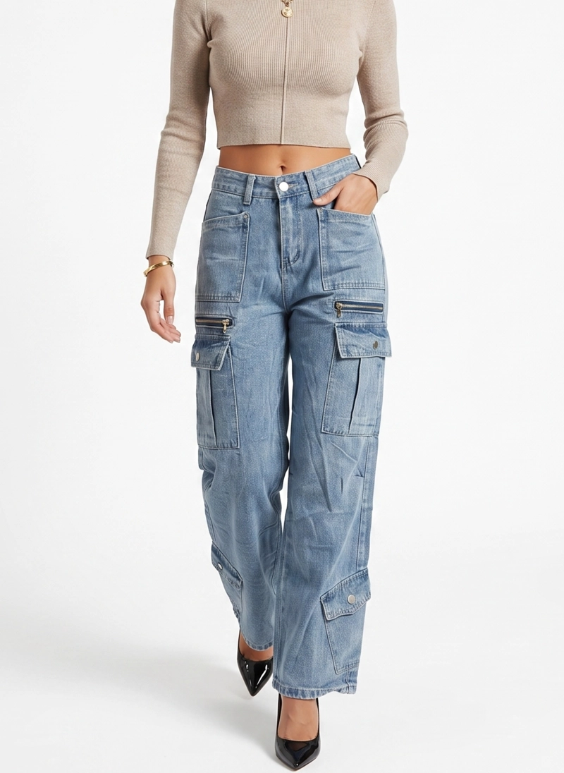 PANTALON JEANS DENIM CARGO WIDE LEG MUJER OPORTO - 1
