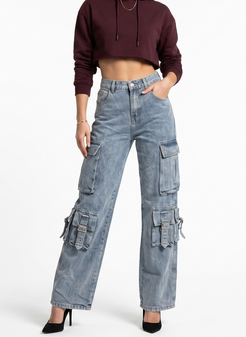 PANTALON JEANS DENIM CARGO WIDE LEG MUJER NIZA - 1