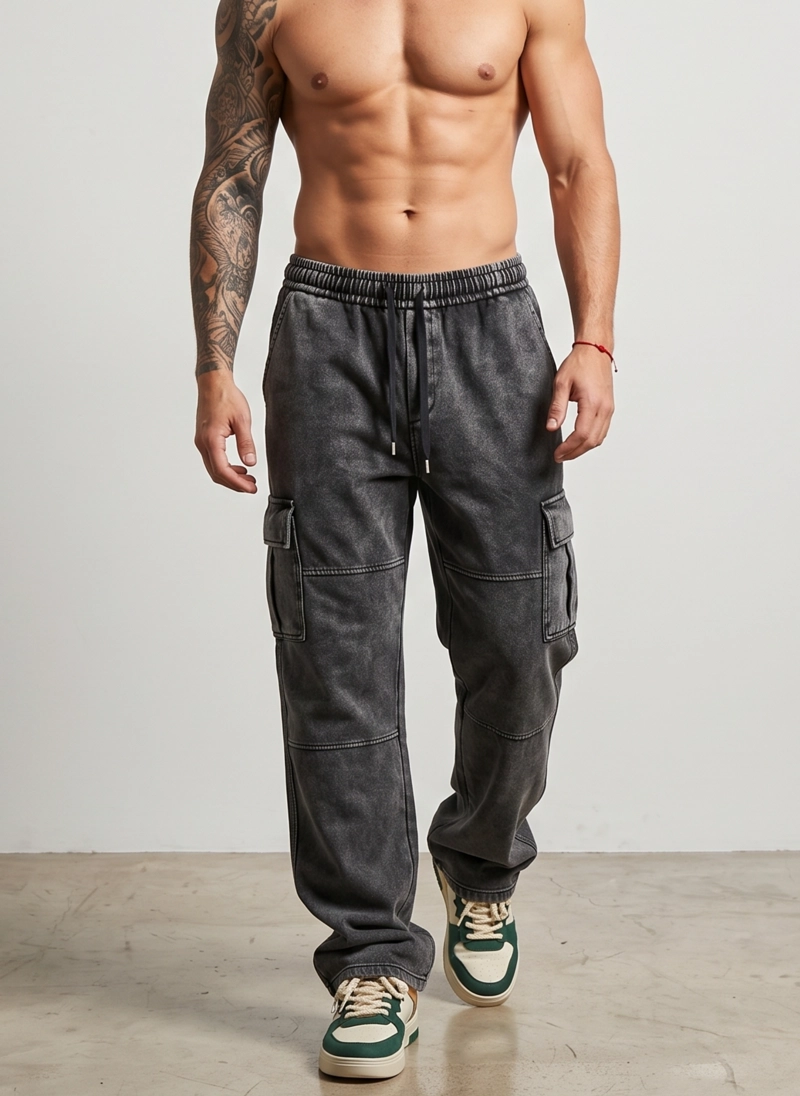 PANTALON BUZO ANCHO CARGO HOMBRE ACID WASH - 1