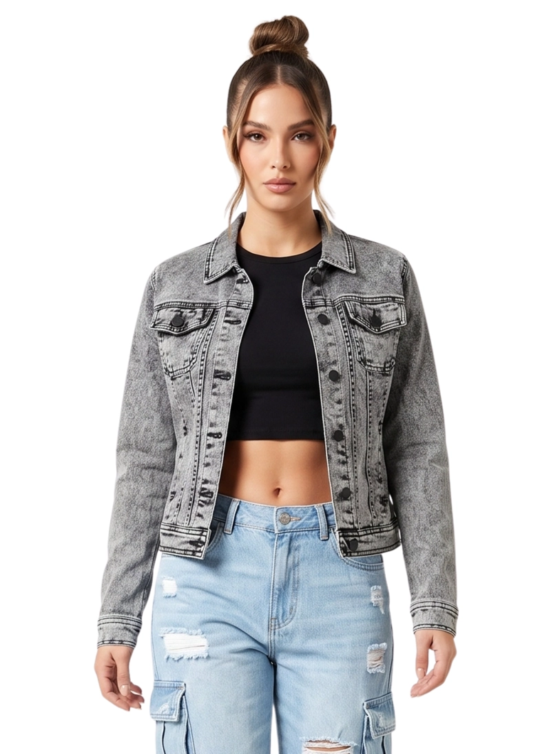 CHAQUETA DENIM MUJER GRIS PRELAVADA - 1