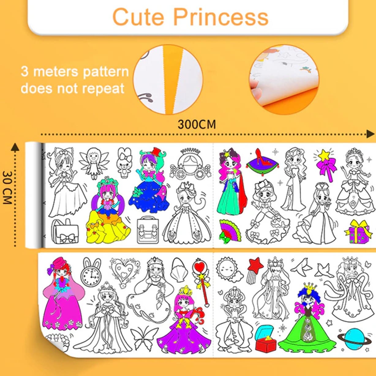 PRINCESAS ROLLO 3MT PAPEL DIBUJAR COLOREAR ADHESIVO STICKER - 8
