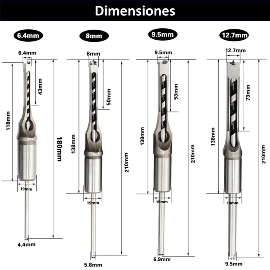 SET 4 BROCAS CUADRADA CINCEL MORTAJA FORMÓN - 7