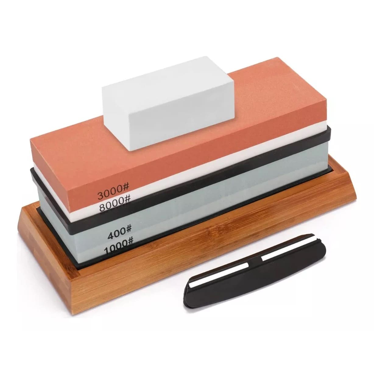SET HERRAMIENTAS PIEDRAS AFILAR COCINA CUCHILLOS AFILADOR TIJERA BASE BAMBU + GUIA - 1