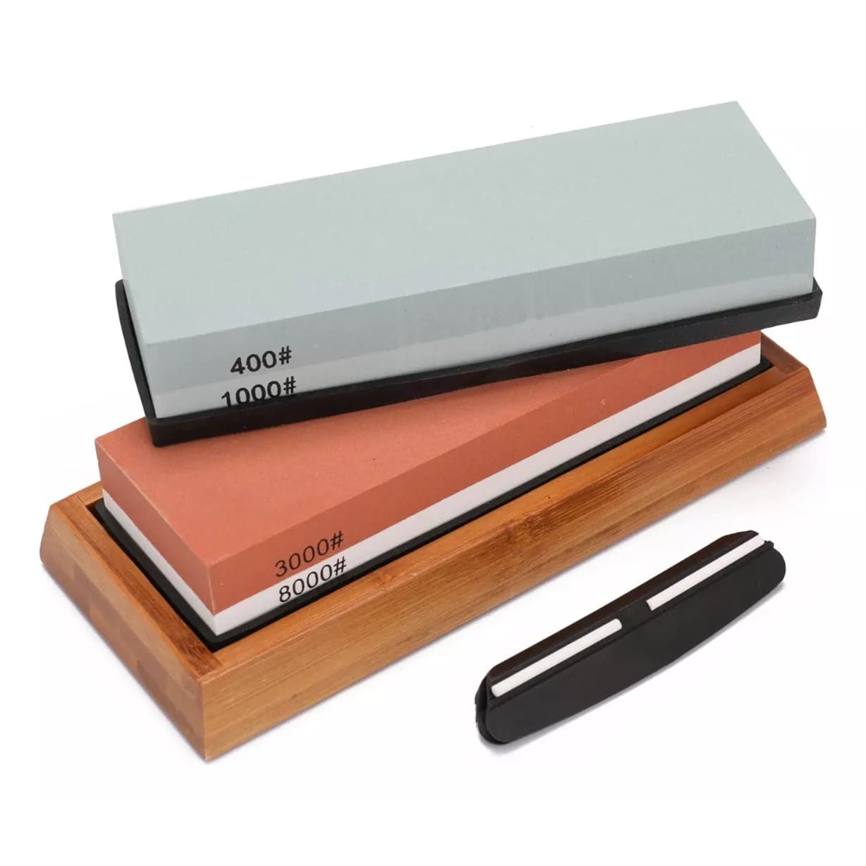 SET HERRAMIENTAS PIEDRAS AFILAR COCINA CUCHILLOS AFILADOR TIJERA BASE BAMBU + GUIA - 7