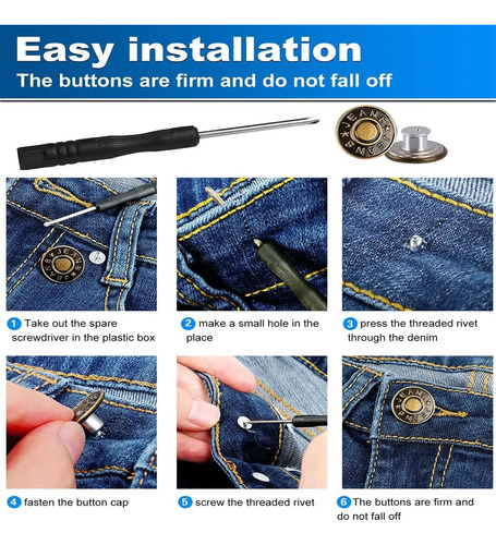 50 BOTÓN VAQUERO DESMONTABLE PANTALÓN JEANS DENIM METAL 17MM PLATEADO - 3