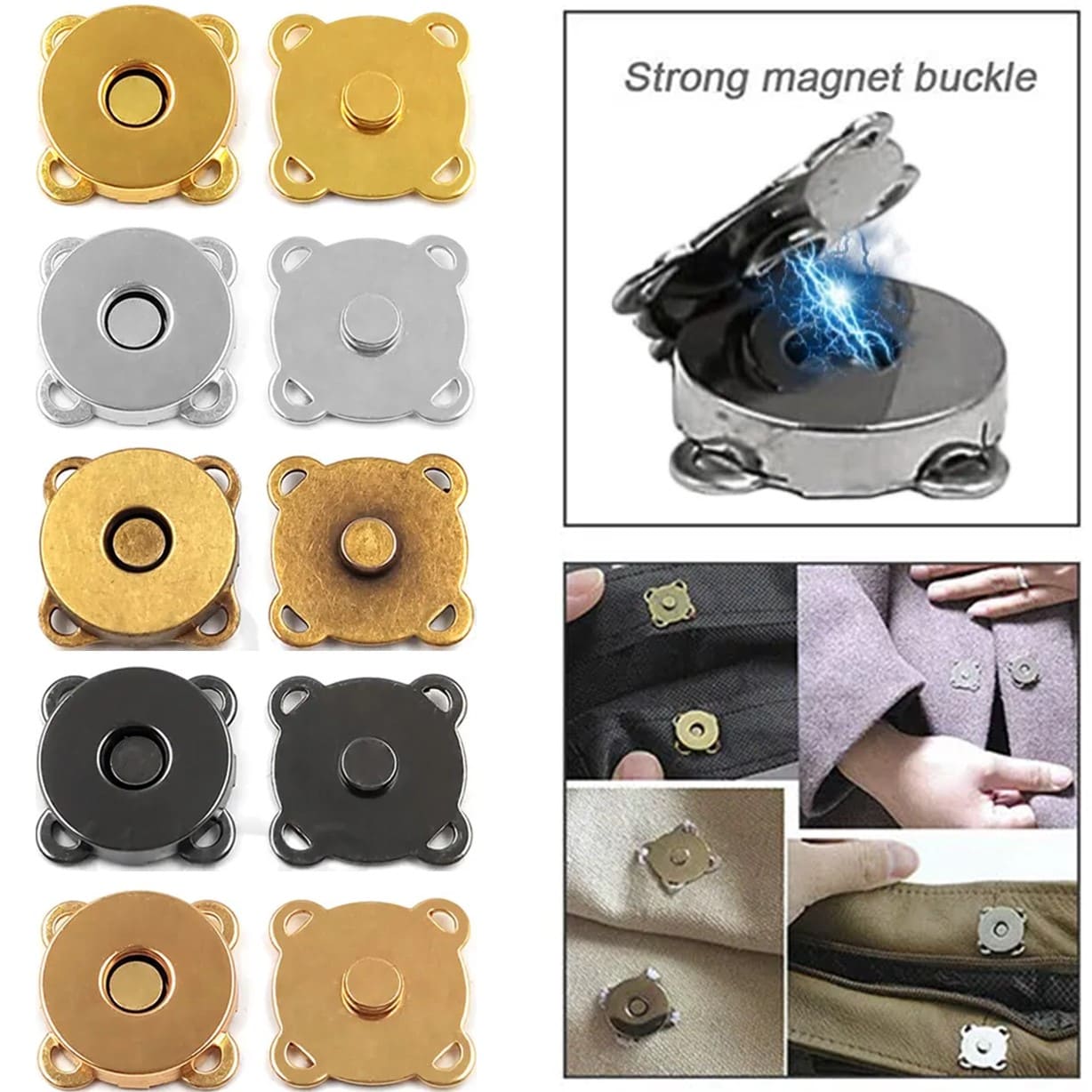 50 PAR BOTÓN DORADO MAGNÉTICO 14MM BROCHE METAL IMÁN COSER COSTURA - 3