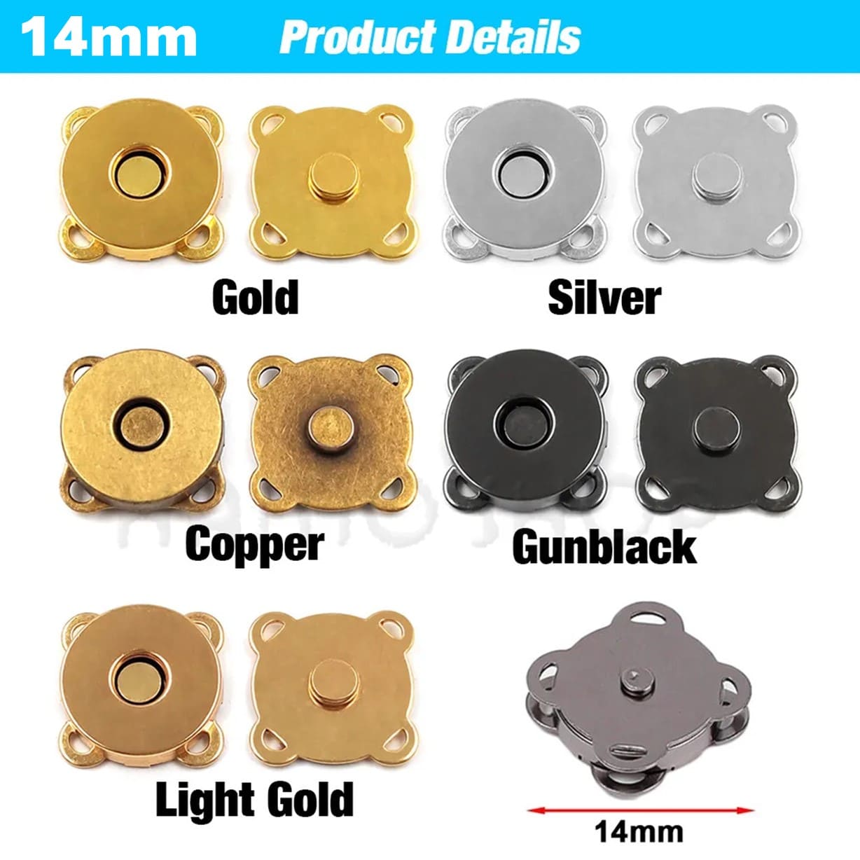50 PAR BOTÓN DORADO MAGNÉTICO 14MM BROCHE METAL IMÁN COSER COSTURA - 8