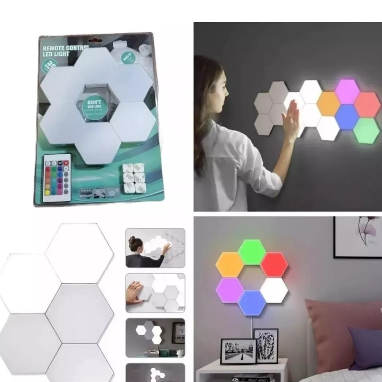 SET LUZ GAMER HEXAGONAL LED TIRA CINTA 6 LUCES RGB CONTROL - 7