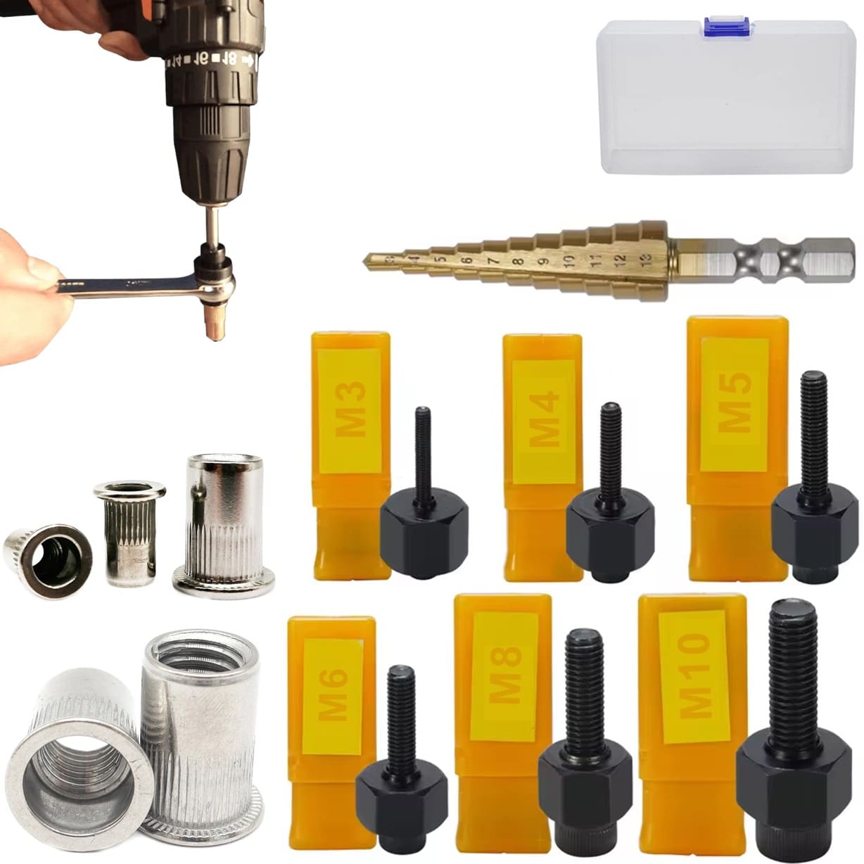 KIT 68PZ ADAPTADOR TALADRO REMACHADORA TUERCA M3-M10 REMACHE - 1