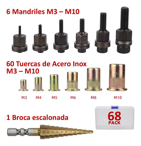 KIT 68PZ ADAPTADOR TALADRO REMACHADORA TUERCA M3-M10 REMACHE - 8