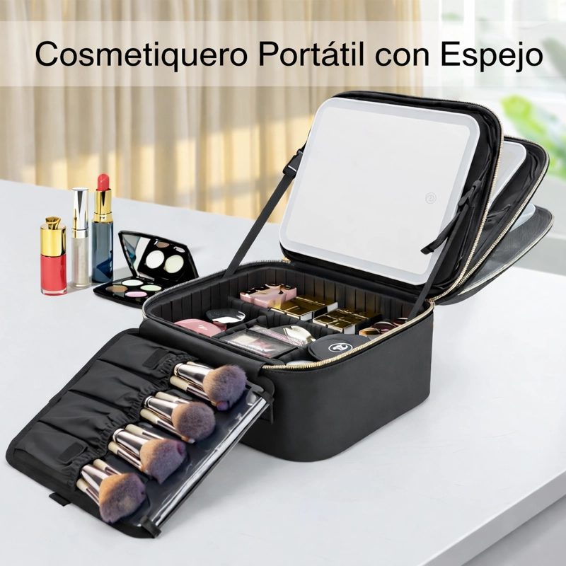 ESTUCHE ORGANIDOR PARA MAQUILLAJE COSMETICOS CON ESPEJO LUZ LED - 2