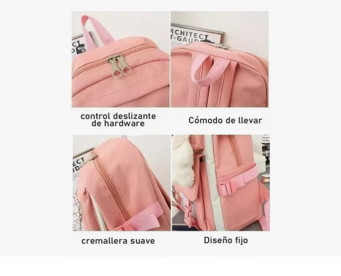 SET MOCHILA KWAII COREA ROSA 5 PIEZAS - ROSA / TALLA ÚNICA - 5