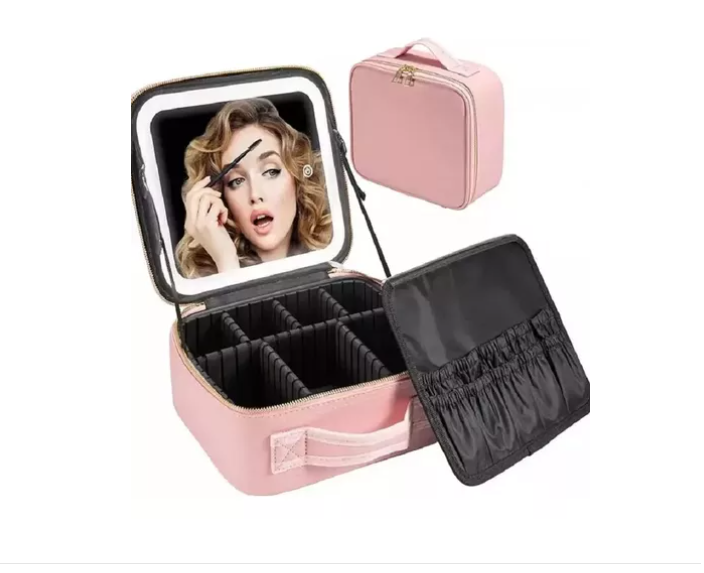 MALETA DE MAQUILLAJE CON ESPEJO LUZ LED ORGANIZADOR COSMETICO ROSADA - 2
