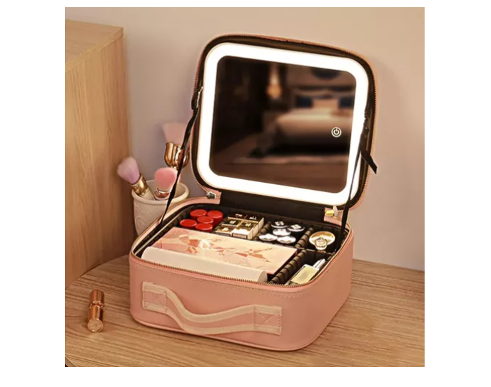 MALETA DE MAQUILLAJE CON ESPEJO LUZ LED ORGANIZADOR COSMETICO ROSADA - 3