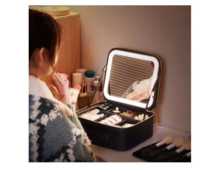 MALETA DE MAQUILLAJE CON ESPEJO LUZ LED ORGANIZADOR COSMETICO NEGRO - 1