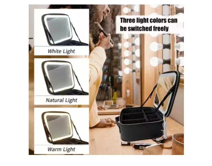 MALETA DE MAQUILLAJE CON ESPEJO LUZ LED ORGANIZADOR COSMETICO NEGRO - 3
