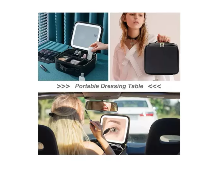 MALETA DE MAQUILLAJE CON ESPEJO LUZ LED ORGANIZADOR COSMETICO NEGRO - 4