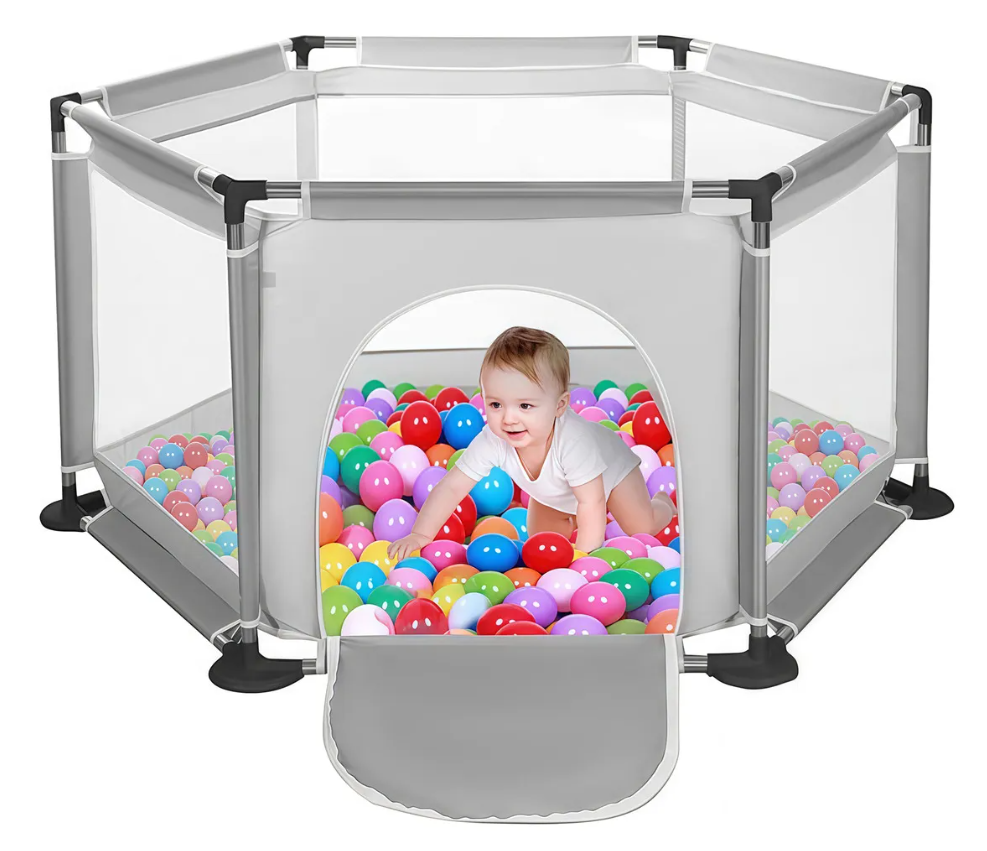 CORRAL DE SEGURIDAD HEXAGONAL PARA NIÑOS GRIS + 100 PELOTAS - 1