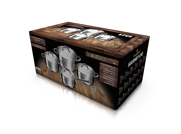 SET DE BATERIA 8 PIEZAS FULL INDUCCION ACERO INOXIDABLE ASAS REMACHADAS TAPA DE VIDRIO TEMPLADO - 2