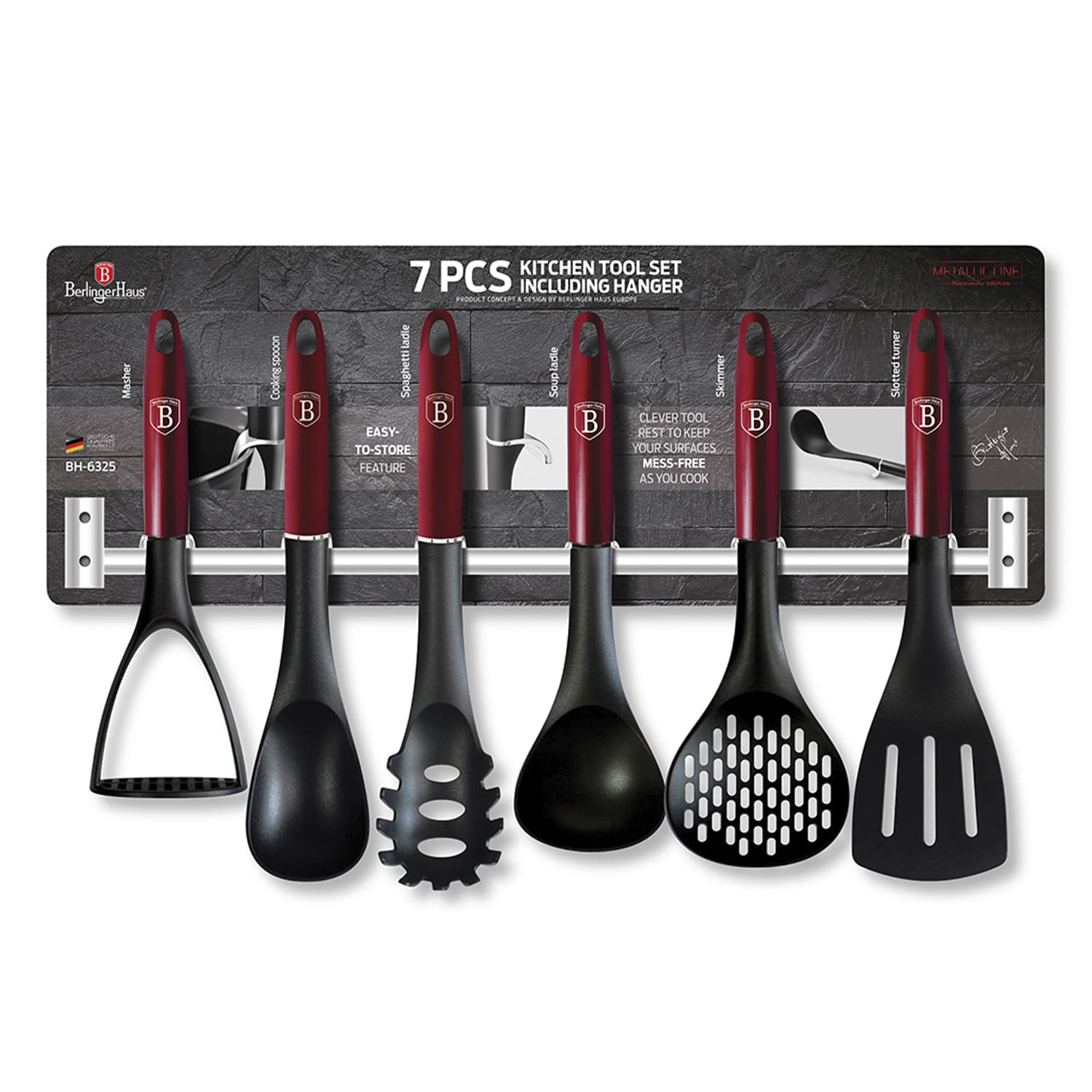 SET DE UTENSILIOS + BARRA 7 PZS, BERLINGER HAUS, LÍNEA METALLIC LINE BURGUNDY EDITION. NYLON - 1