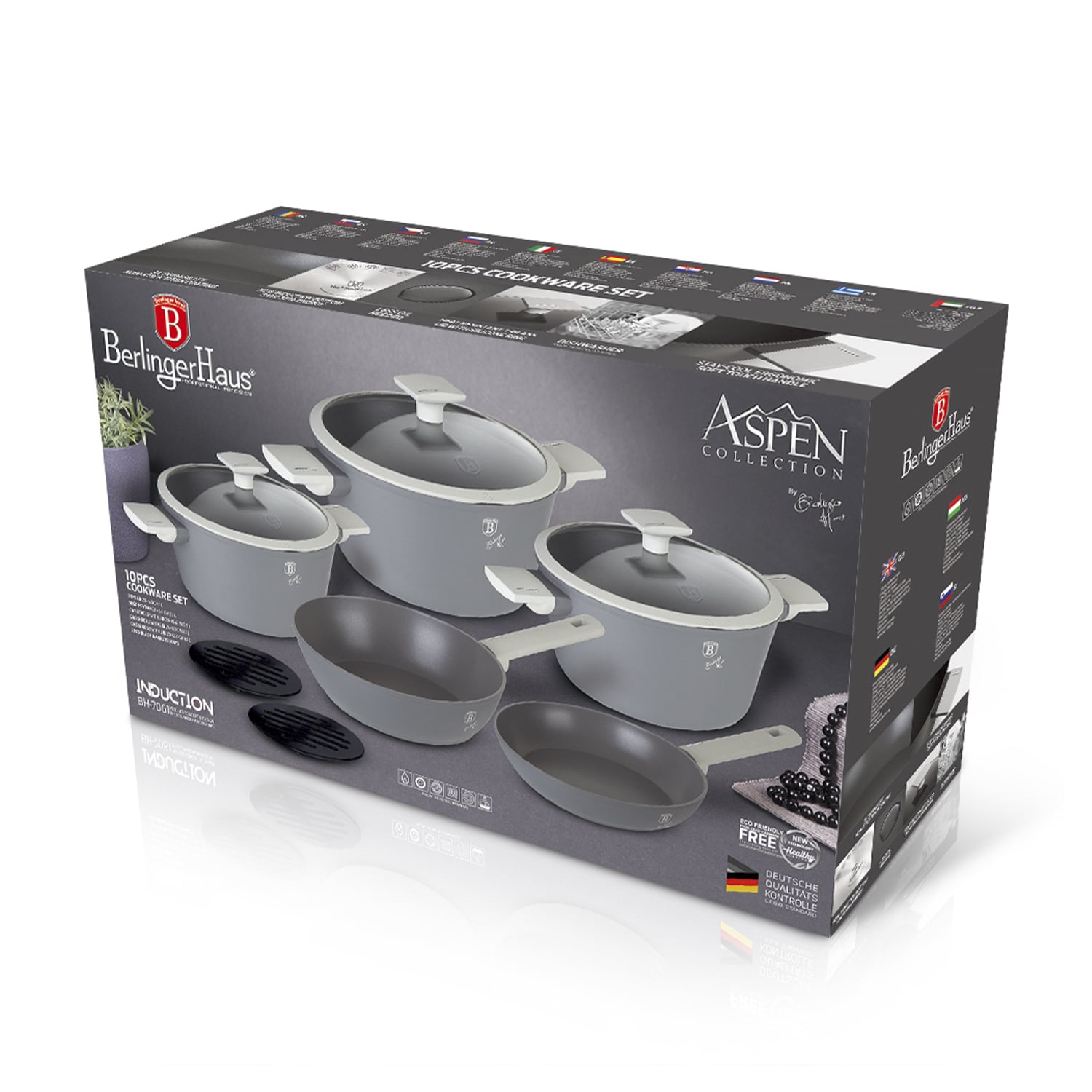 BATERÍA DE COCINA 10 PZS BERLINGER HAUS, LÍNEA ASPEN COLLECTION, COLOR GRIS, ALUMINIO FORJADO - 2