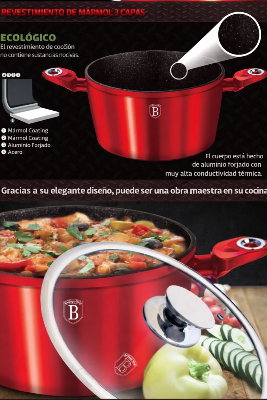 BATERIA DE COCINA 15 PZS METALLIC BURGUBDY EDITION ANTIADHERENTE - 2
