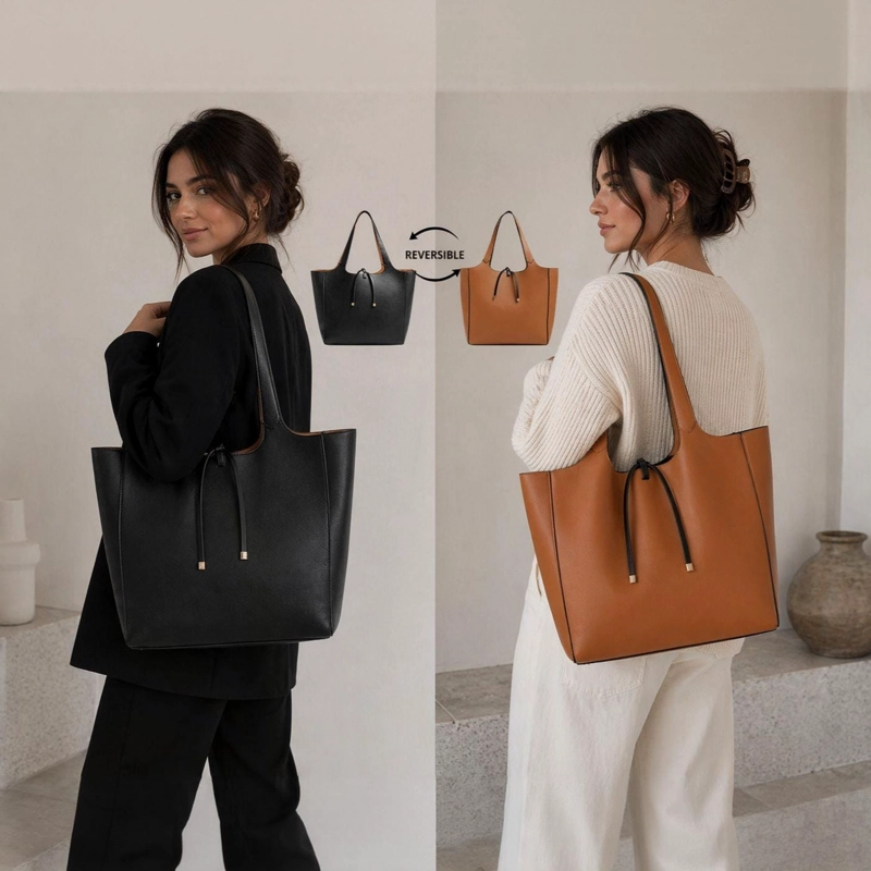 BOLSO SHOPPER REVERSIBLE NEGROCAFE  49X34X14 CM CON ESTUCHE - 3