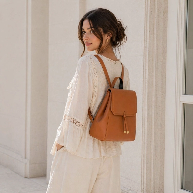 MOCHILA CON SOLAPA CAFE CLARO 30X27X15 - 4