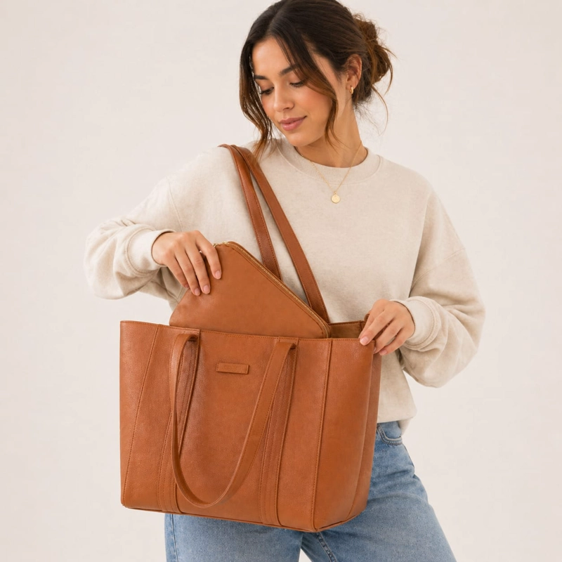 CARTERA SHOPPER HOMBRO CAFE CLARO CON ESTUCHE 50X32X15 CM - 4