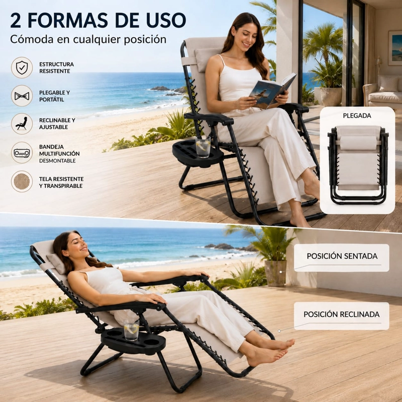 SILLA DE REPOSERA RECLINABLE PORTATIL GRAY B-3 PARA PLAYA Y CAMPING - 3